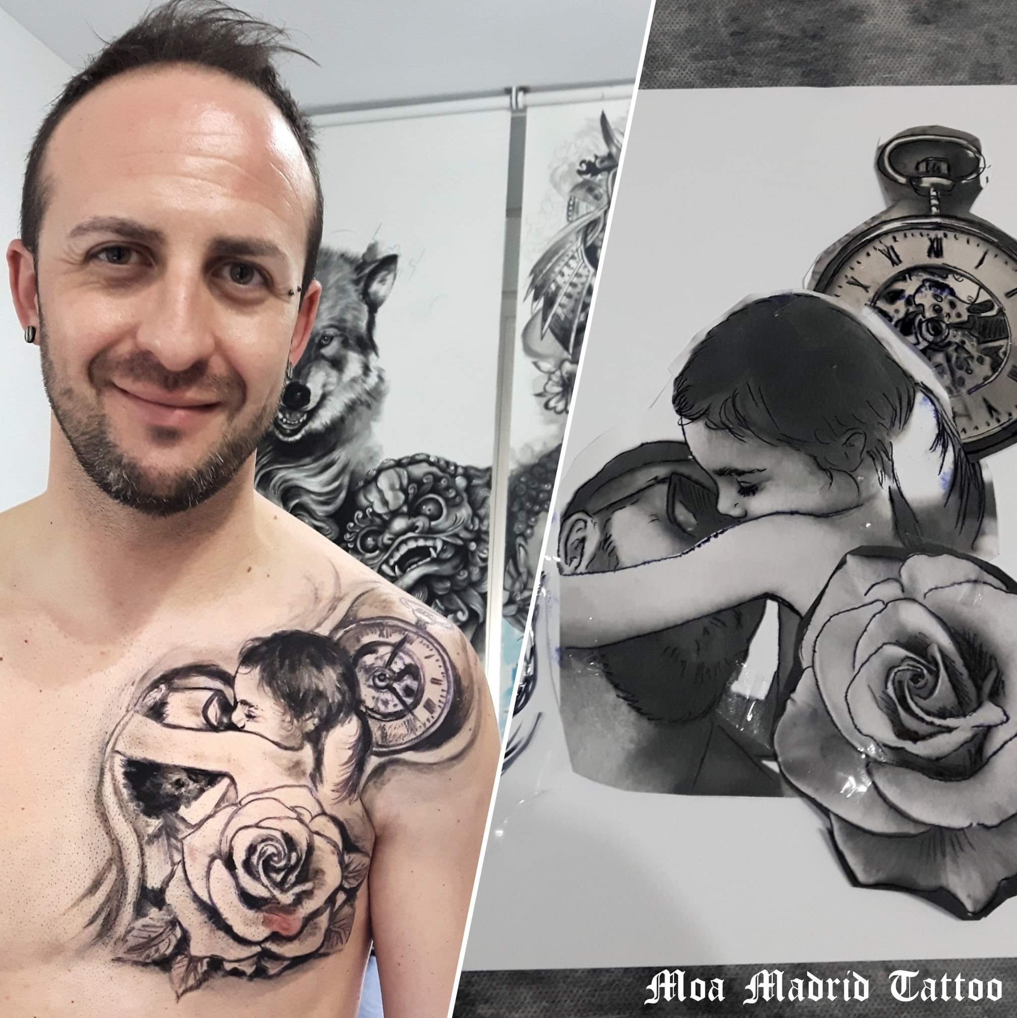 Tatuaje de padre e hija abrazándose hecho en el pectoral